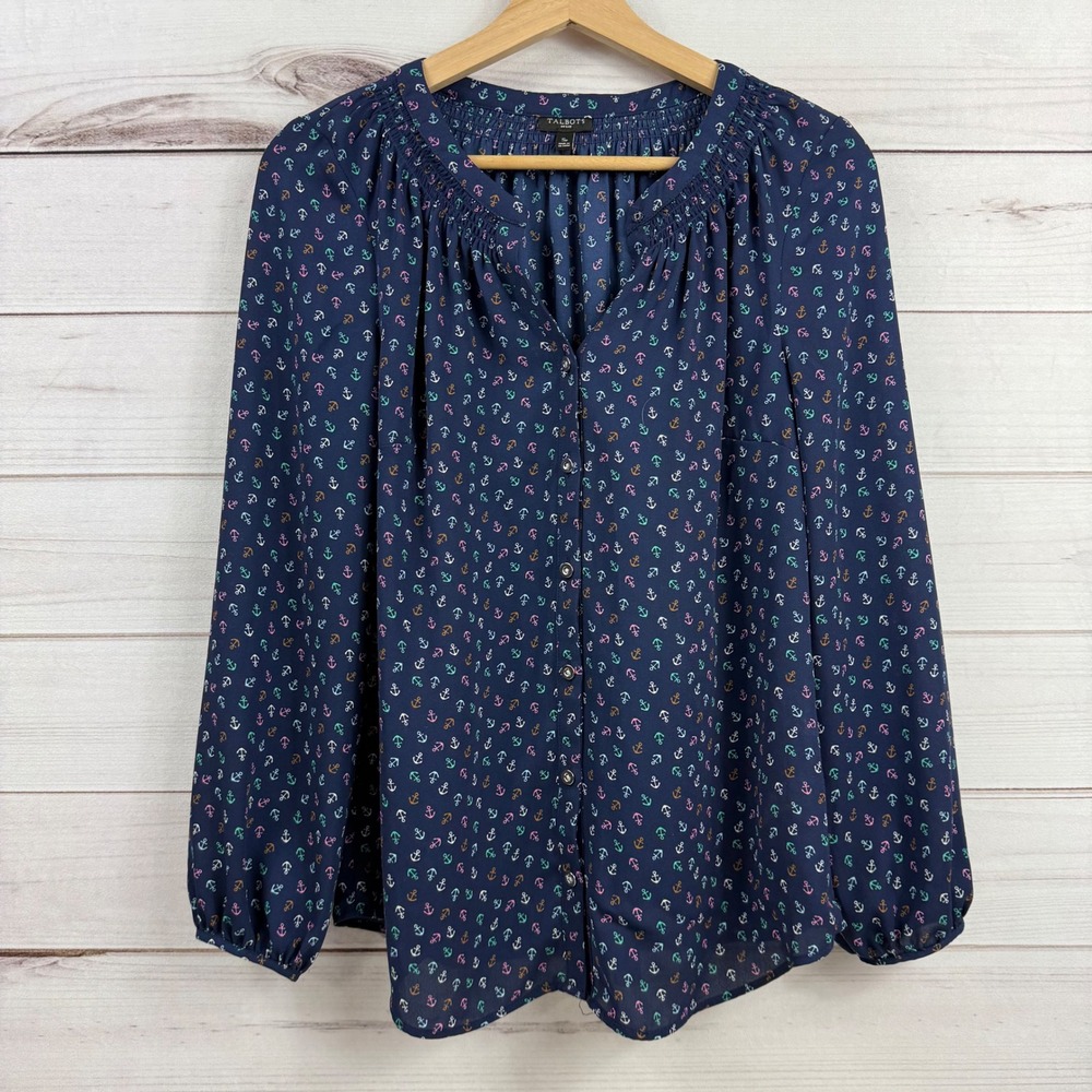Talbots Petite Blouse Small Anchor Print Long Sleeve Button Down Womens‎